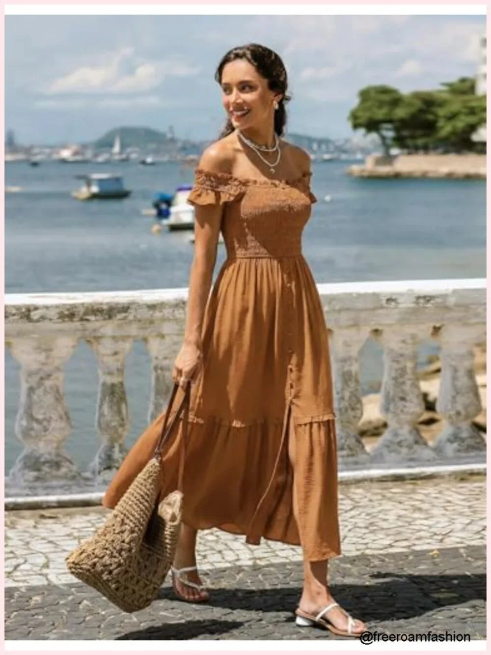 Square Neck Smocked Midi Dress with Pockets Flowy Ruffle Sleeves